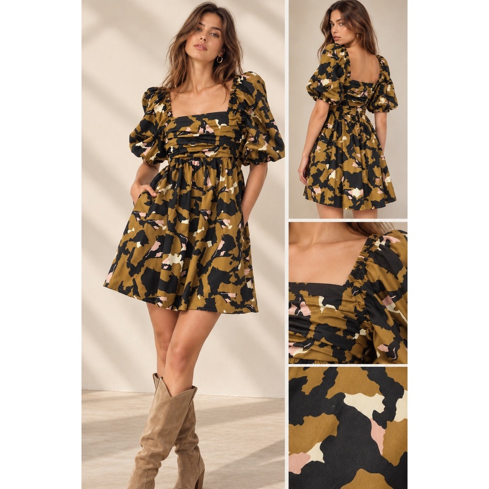 Crosby by Mollie Burch Hunter Mini Dress Olive Camo Puff Sleeve (MSRP: $278) M